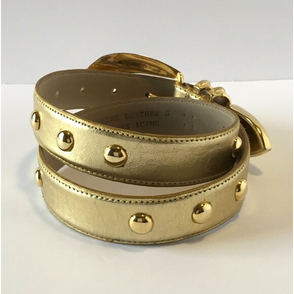 Vintage Genuine Leather Womens Belt Gold Tone & Buckle Studs marked Size S